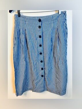 TALBOTS Women's Blue White Stripe Button Front Pleated Skirt Size 8p